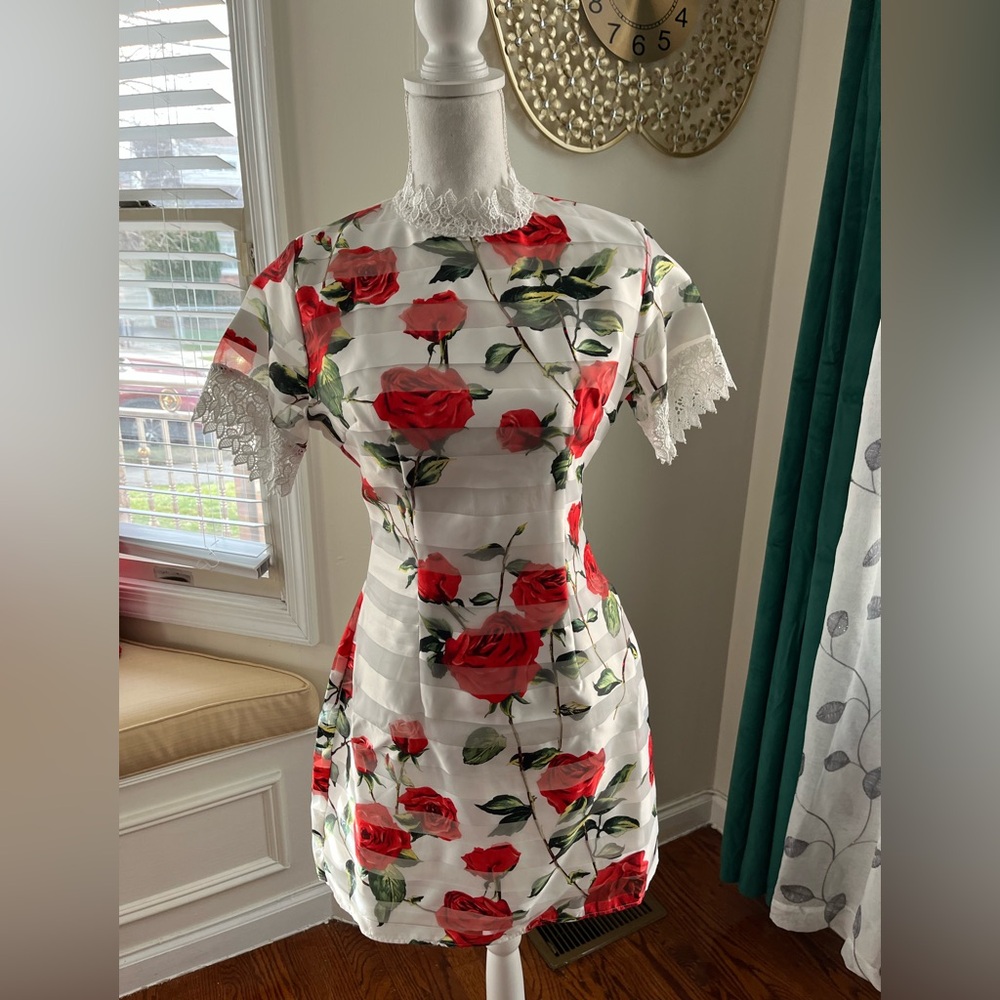 White Dress with Red Rose Print and Lace Trim by AX Paris